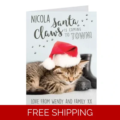 Personalised Rachael Hale Santa Claws Christmas Cat Card